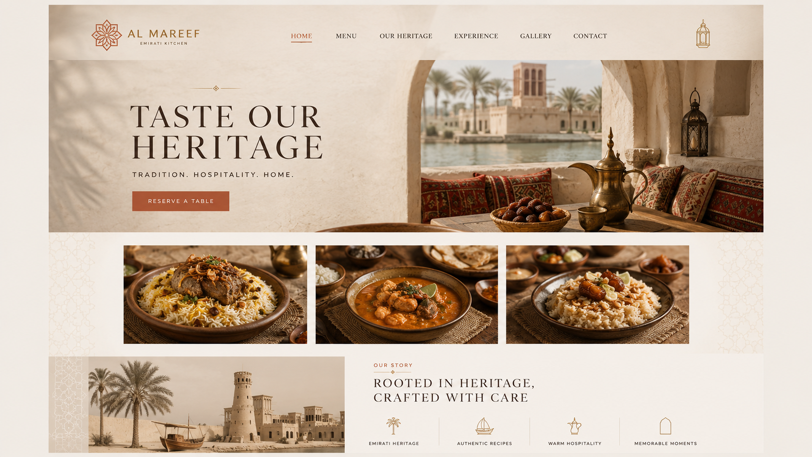 Traditional Emirati restaurant website homepage mockup